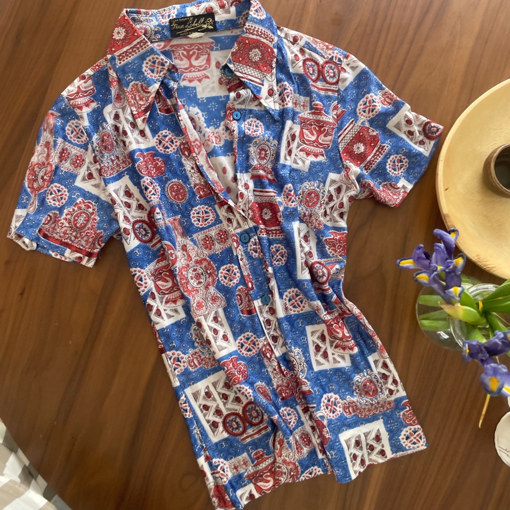 Vintage Blue and Red Patterned Button Up